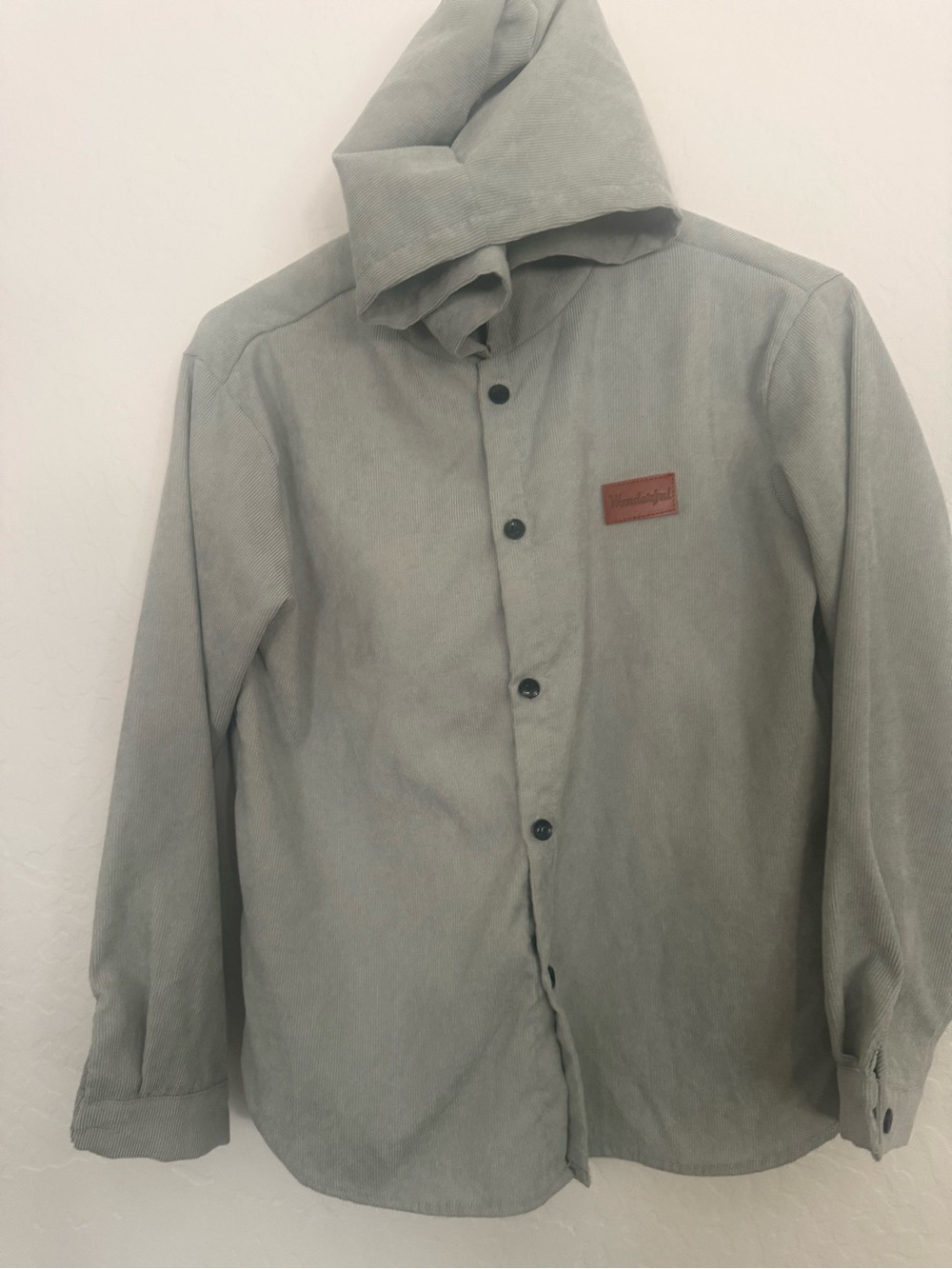 SHEIN Light Gray/green Hooded Button-Down Shirt